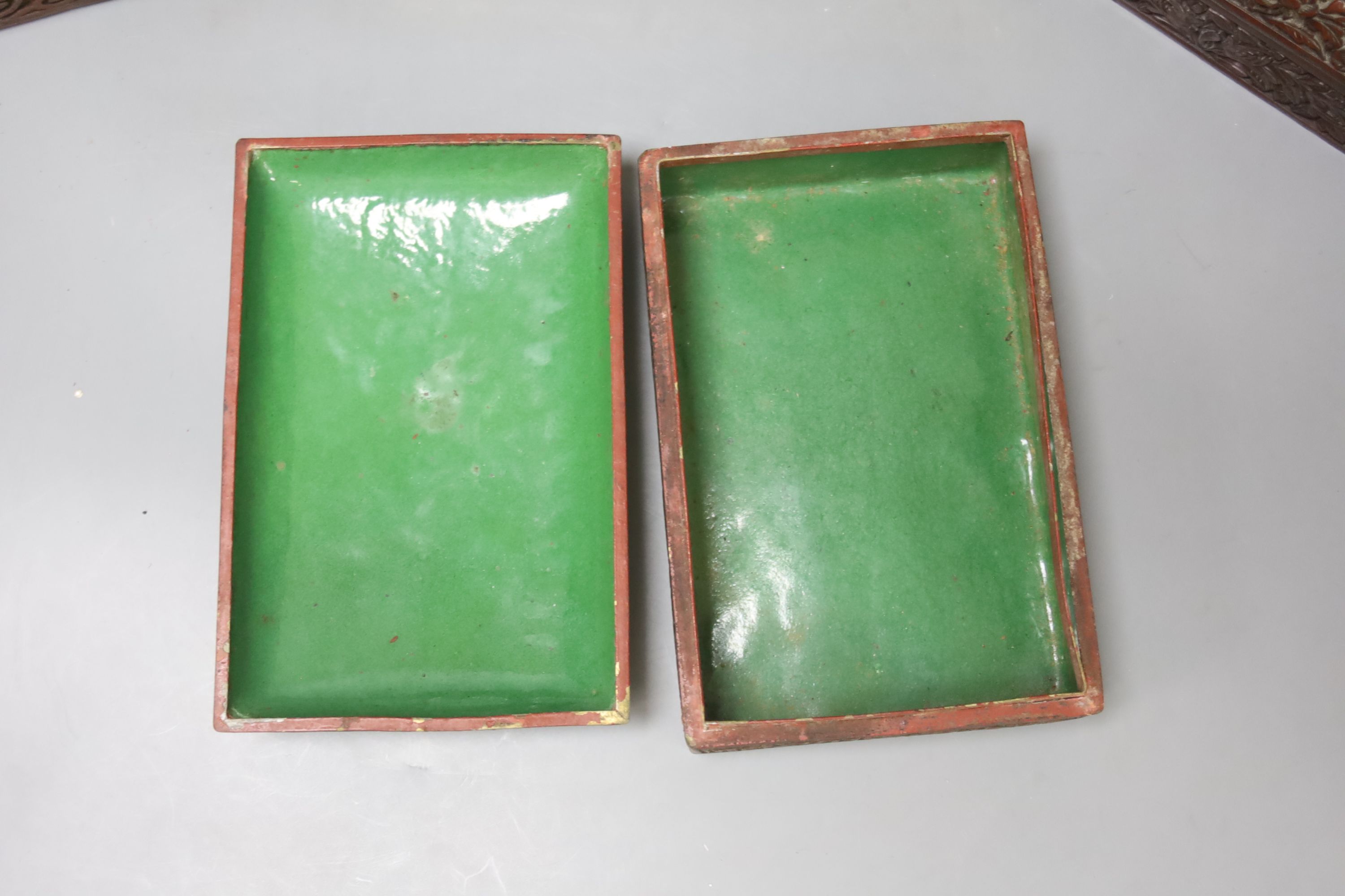 Four Chinese carved wood boxes, largest 24 x 12cm